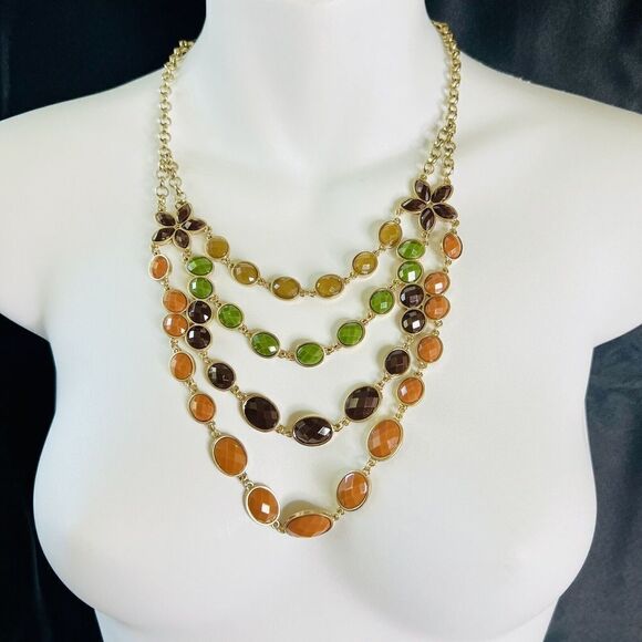Beautiful Layered Multi Strand Necklace Earth Tone Faceted Beads Flower  4328 - Picture 1 of 11